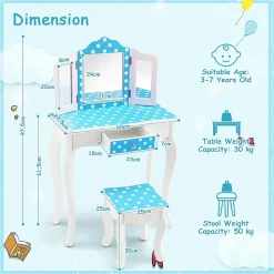 Coiffeuse Enfant avec Tabouret 2 en 1 Table de Maquillage avec Miroir Rabattable Tiroir Unique Plateau Amovible