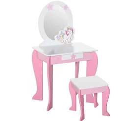 Coiffeuse enfant design licorne - tabouret inclus - dim. 49L x 34l x 90H cm - tiroir, miroir - MDF - rose blanc