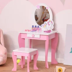 Coiffeuse enfant design licorne - tabouret inclus - dim. 49L x 34l x 90H cm - tiroir, miroir - MDF - rose blanc