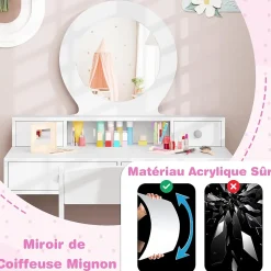 Coiffeuse Enfant Fille avec Miroir et Tabouret,avec Rangement,Etagère Ouverte,4 Tiroirs,Dispositif Anti-Basculement,pour 3+ Ans