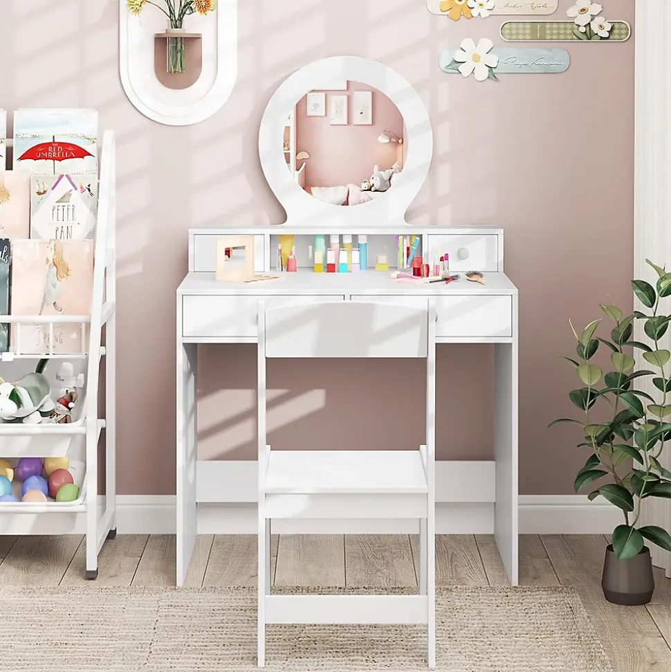 Coiffeuse Enfant Fille avec Miroir et Tabouret,avec Rangement,Etagère Ouverte,4 Tiroirs,Dispositif Anti-Basculement,pour 3+ Ans