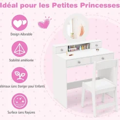 Coiffeuse Enfant Fille avec Miroir et Tabouret,avec Rangement,Etagère Ouverte,4 Tiroirs,Dispositif Anti-Basculement,pour 3+ Ans