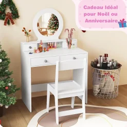 Coiffeuse Enfant Fille avec Miroir et Tabouret,avec Rangement,Etagère Ouverte,4 Tiroirs,Dispositif Anti-Basculement,pour 3+ Ans
