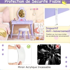 Coiffeuse Enfant Fille avec Miroir et Tabouret, Lumières LED 3 Couleurs, Table de Maquillage avec Accessoires de Beauté, Violet