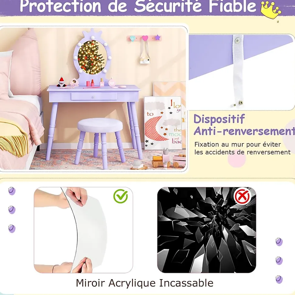 Coiffeuse Enfant Fille avec Miroir et Tabouret, Lumières LED 3 Couleurs, Table de Maquillage avec Accessoires de Beauté, Violet