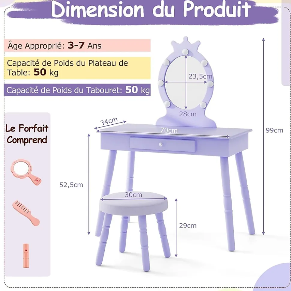 Coiffeuse Enfant Fille avec Miroir et Tabouret, Lumières LED 3 Couleurs, Table de Maquillage avec Accessoires de Beauté, Violet