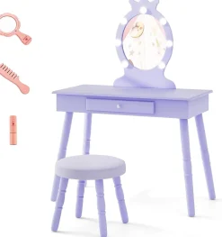 Coiffeuse Enfant Fille avec Miroir et Tabouret, Lumières LED 3 Couleurs, Table de Maquillage avec Accessoires de Beauté, Violet