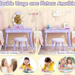 Coiffeuse Enfant Fille avec Miroir et Tabouret, Lumières LED 3 Couleurs, Table de Maquillage avec Accessoires de Beauté, Violet