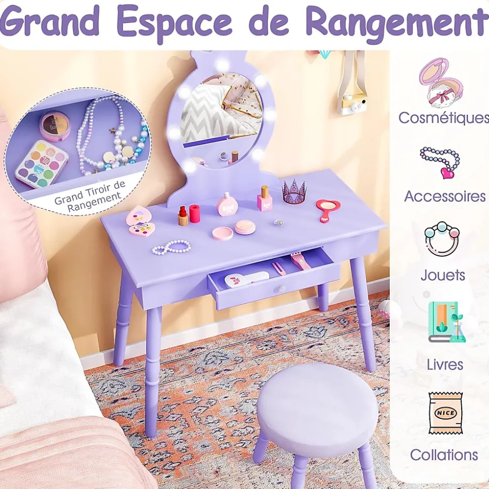 Coiffeuse Enfant Fille avec Miroir et Tabouret, Lumières LED 3 Couleurs, Table de Maquillage avec Accessoires de Beauté, Violet