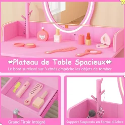 Coiffeuse Enfant Fille avec Lumière LED Bicolore Table de Maquillage avec Chaise Tiroir Miroir Ovale Rose