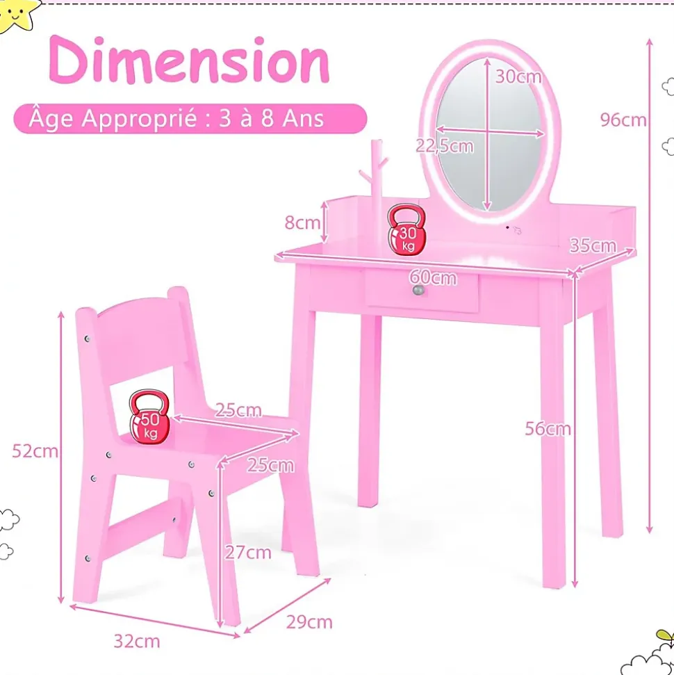 Coiffeuse Enfant Fille avec Lumière LED Bicolore Table de Maquillage avec Chaise Tiroir Miroir Ovale Rose