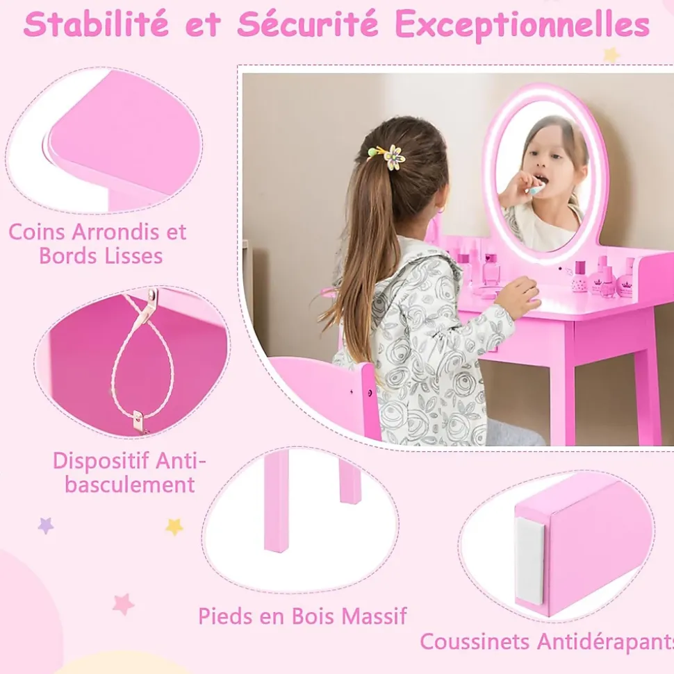 Coiffeuse Enfant Fille avec Lumière LED Bicolore Table de Maquillage avec Chaise Tiroir Miroir Ovale Rose