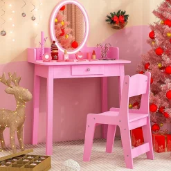 Coiffeuse Enfant Fille avec Lumière LED Bicolore Table de Maquillage avec Chaise Tiroir Miroir Ovale Rose