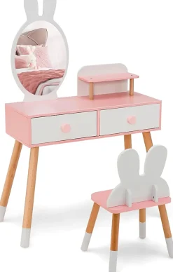 Coiffeuse Enfant Fille avec Mirroir et Tabouret, avec 2 Tiroirs et 1 Étagère Supplémentaire (Blanc)
