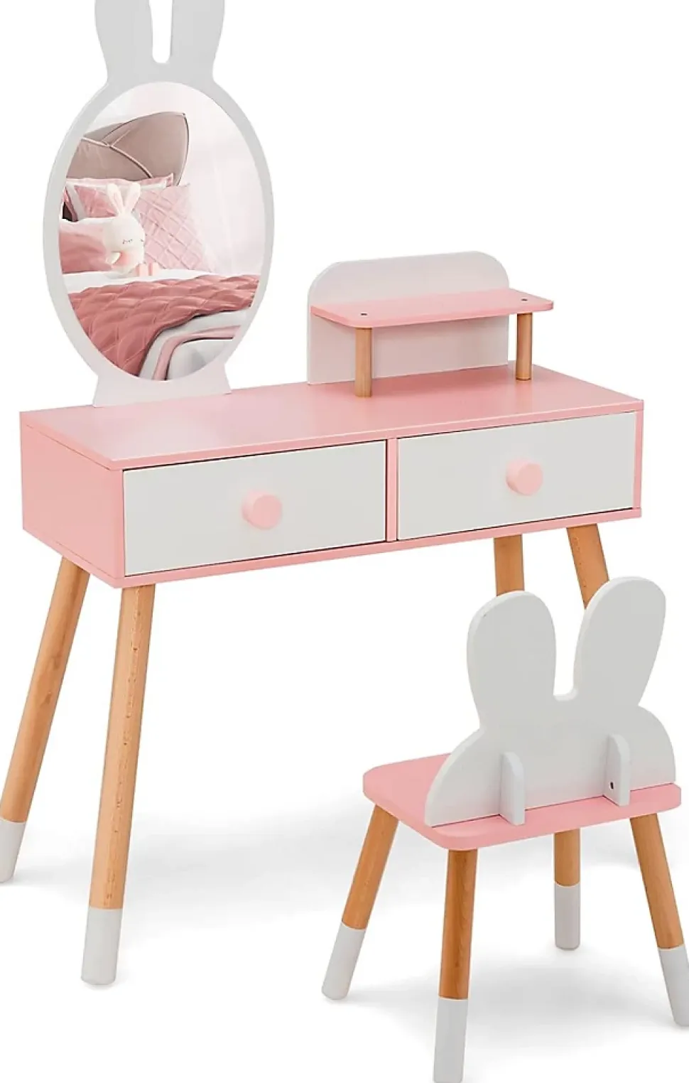 Coiffeuse Enfant Fille avec Mirroir et Tabouret, avec 2 Tiroirs et 1 Étagère Supplémentaire (Blanc)
