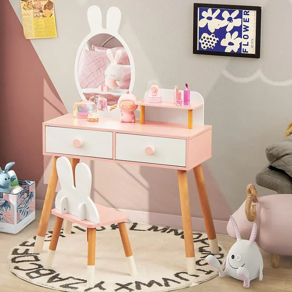 Coiffeuse Enfant Fille avec Mirroir et Tabouret, avec 2 Tiroirs et 1 Étagère Supplémentaire (Blanc)