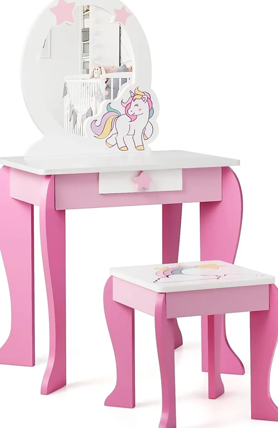 Coiffeuse Enfant Fille, Table de Maquillage avec Tabouret et Miroir Amovible, Table Fille Motif Licorne avec Tiroir,49X34X89,5CM