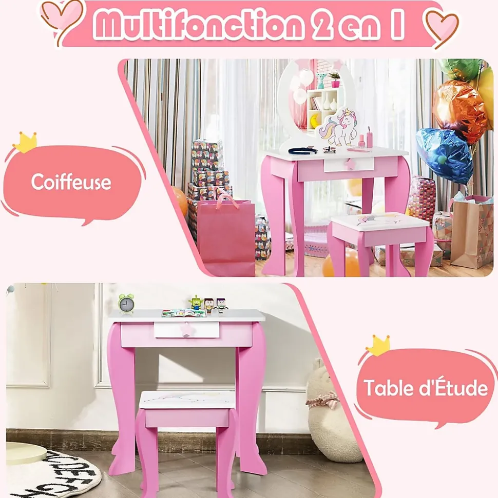 Coiffeuse Enfant Fille, Table de Maquillage avec Tabouret et Miroir Amovible, Table Fille Motif Licorne avec Tiroir,49X34X89,5CM