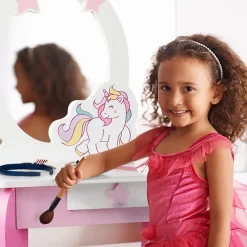 Coiffeuse Enfant Fille, Table de Maquillage avec Tabouret et Miroir Amovible, Table Fille Motif Licorne avec Tiroir,49X34X89,5CM