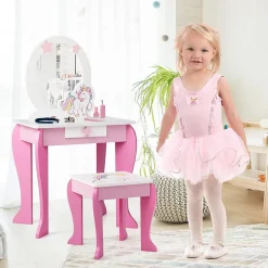 Coiffeuse Enfant Fille, Table de Maquillage avec Tabouret et Miroir Amovible, Table Fille Motif Licorne avec Tiroir,49X34X89,5CM