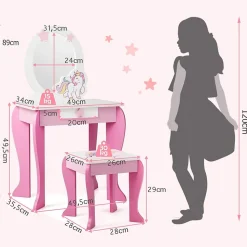 Coiffeuse Enfant Fille, Table de Maquillage avec Tabouret et Miroir Amovible, Table Fille Motif Licorne avec Tiroir,49X34X89,5CM