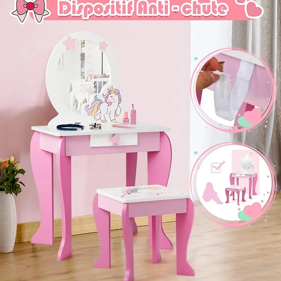 Coiffeuse Enfant Fille, Table de Maquillage avec Tabouret et Miroir Amovible, Table Fille Motif Licorne avec Tiroir,49X34X89,5CM