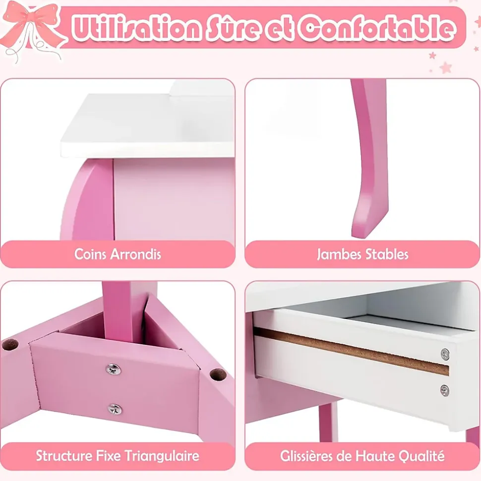 Coiffeuse Enfant Fille, Table de Maquillage avec Tabouret et Miroir Amovible, Table Fille Motif Licorne avec Tiroir,49X34X89,5CM