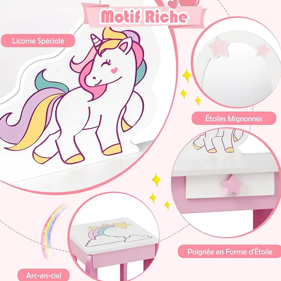 Coiffeuse Enfant Fille, Table de Maquillage avec Tabouret et Miroir Amovible, Table Fille Motif Licorne avec Tiroir,49X34X89,5CM
