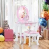 Coiffeuse Enfant Fille, Table de Maquillage avec Tabouret et Miroir Amovible, Table Fille Motif Licorne avec Tiroir 49X34X89,5CM