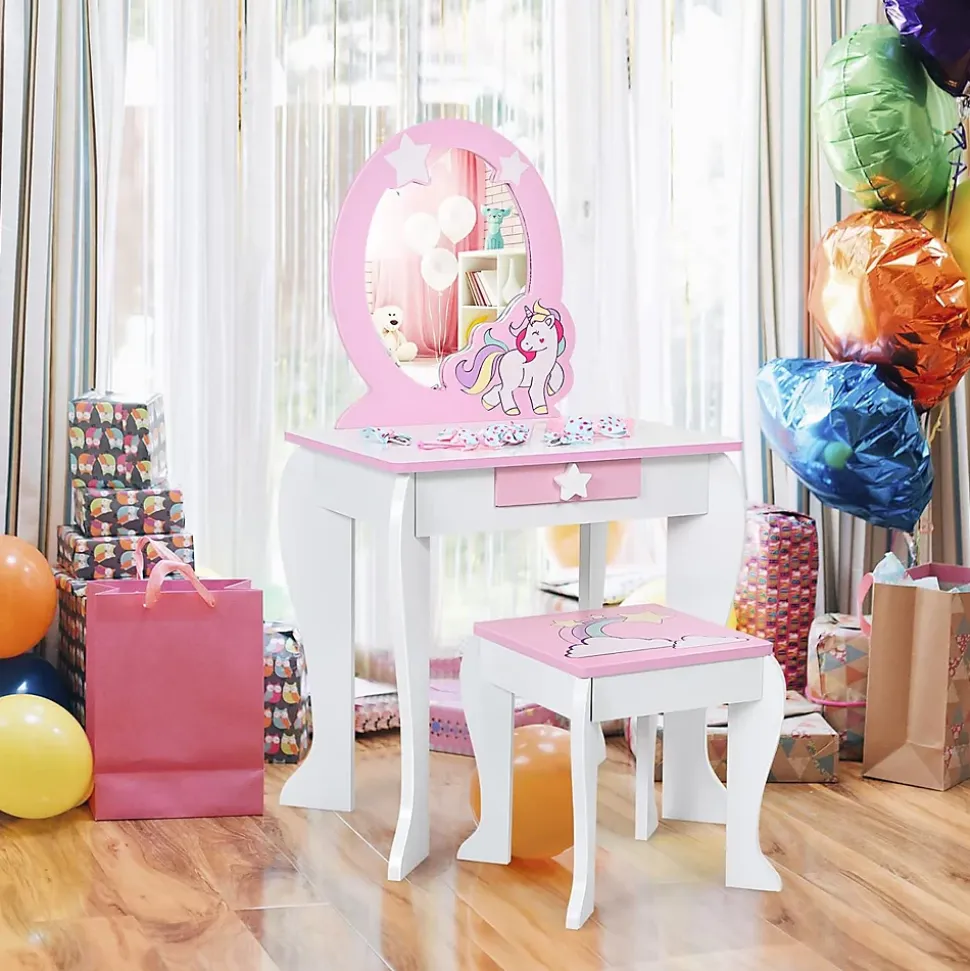 Coiffeuse Enfant Fille, Table de Maquillage avec Tabouret et Miroir Amovible, Table Fille Motif Licorne avec Tiroir 49X34X89,5CM