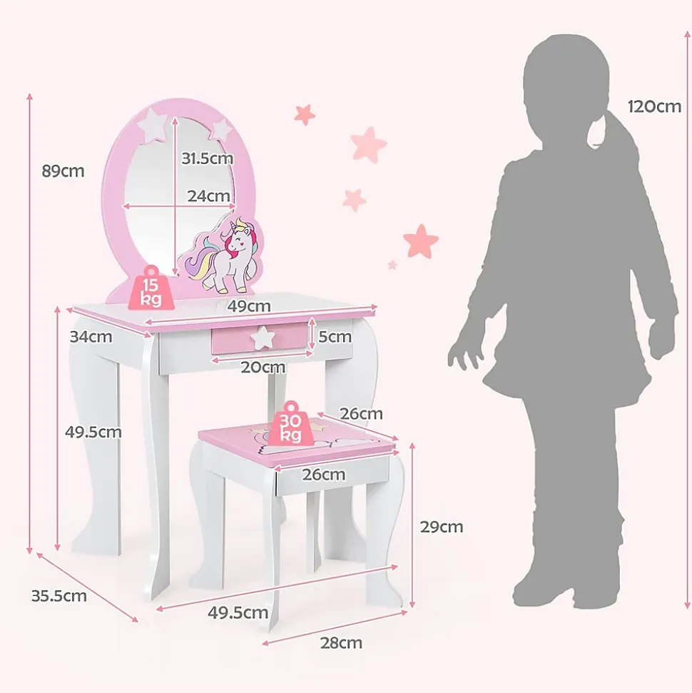 Coiffeuse Enfant Fille, Table de Maquillage avec Tabouret et Miroir Amovible, Table Fille Motif Licorne avec Tiroir 49X34X89,5CM