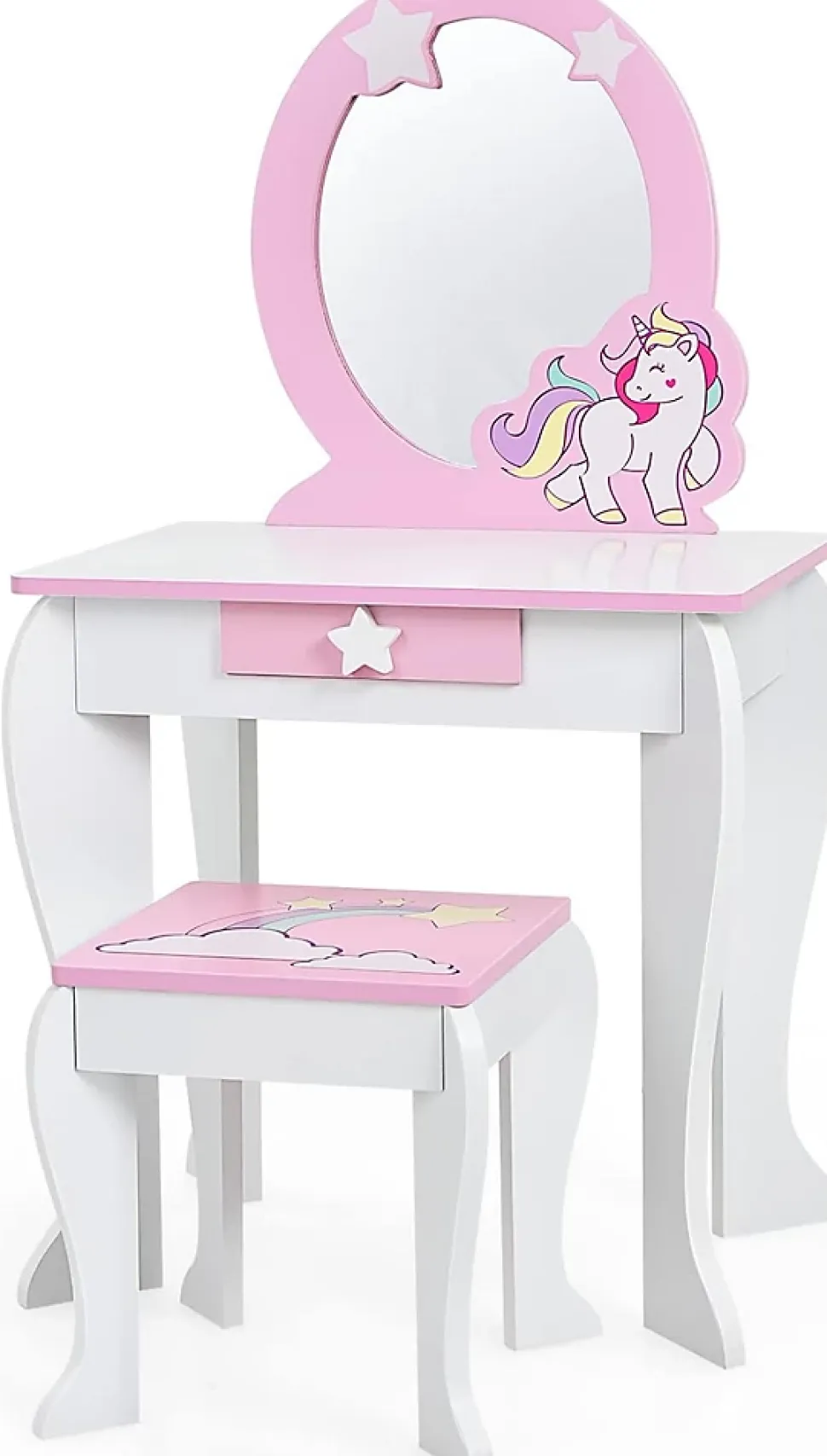 Coiffeuse Enfant Fille, Table de Maquillage avec Tabouret et Miroir Amovible, Table Fille Motif Licorne avec Tiroir 49X34X89,5CM