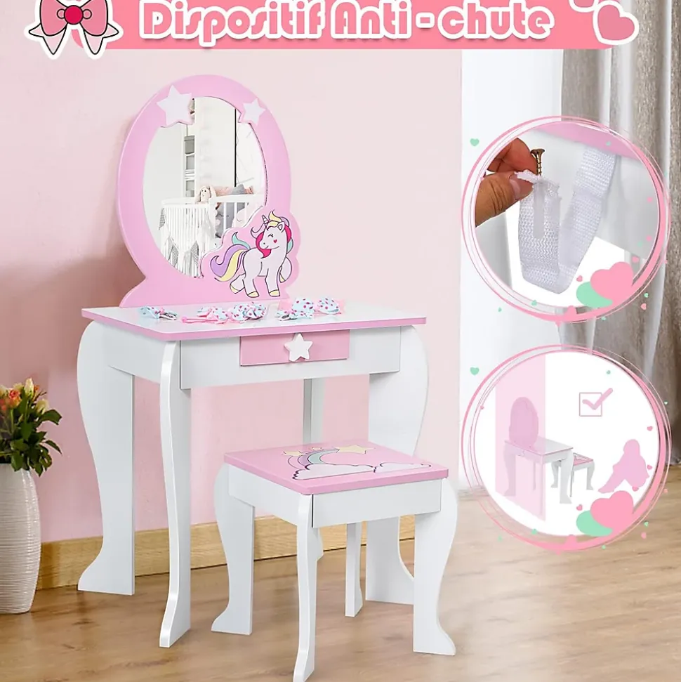Coiffeuse Enfant Fille, Table de Maquillage avec Tabouret et Miroir Amovible, Table Fille Motif Licorne avec Tiroir 49X34X89,5CM