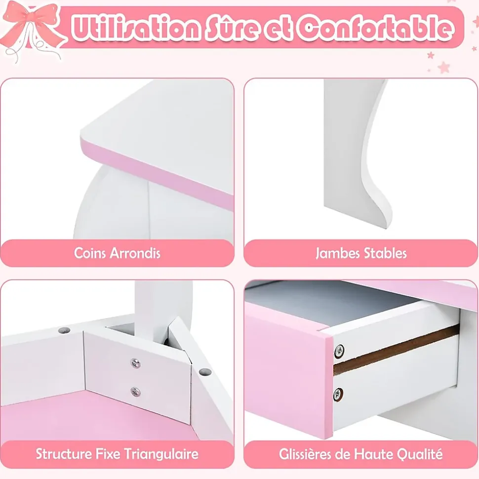 Coiffeuse Enfant Fille, Table de Maquillage avec Tabouret et Miroir Amovible, Table Fille Motif Licorne avec Tiroir 49X34X89,5CM