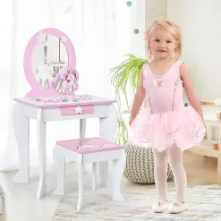 Coiffeuse Enfant Fille, Table de Maquillage avec Tabouret et Miroir Amovible, Table Fille Motif Licorne avec Tiroir 49X34X89,5CM
