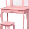 Coiffeuse Enfant Fille, Table de Maquillage avec Tabouret et Miroir Amovible à 3 Volets Pliables, 70x35x105 cm