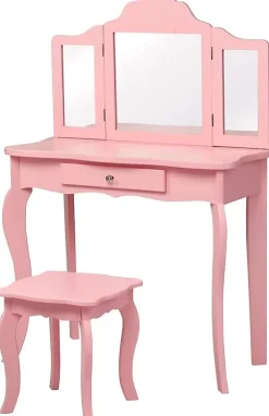 Coiffeuse Enfant Fille, Table de Maquillage avec Tabouret et Miroir Amovible à 3 Volets Pliables, 70x35x105 cm
