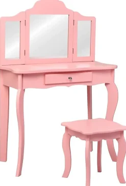 Coiffeuse Enfant Fille, Table de Maquillage avec Tabouret et Miroir Amovible à 3 Volets Pliables, 70x35x105 cm