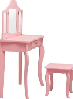 Coiffeuse Enfant Fille, Table de Maquillage avec Tabouret et Miroir Amovible à 3 Volets Pliables, 70x35x105 cm