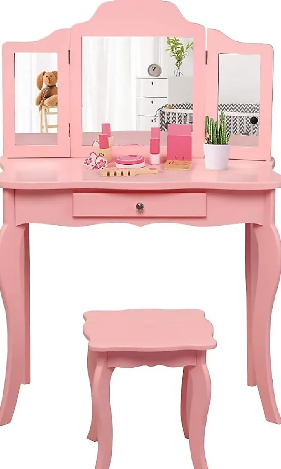 Coiffeuse Enfant Fille, Table de Maquillage avec Tabouret et Miroir Amovible à 3 Volets Pliables, 70x35x105 cm