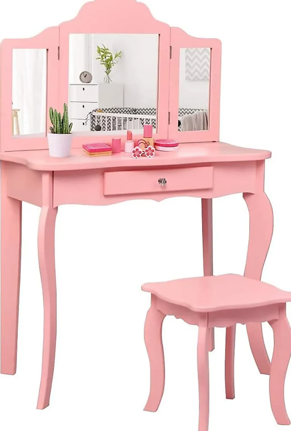 Coiffeuse Enfant Fille, Table de Maquillage avec Tabouret et Miroir Amovible à 3 Volets Pliables, 70x35x105 cm