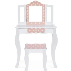 Coiffeuse enfant ROZA blanche et rose avec 3 miroirs et tabouret