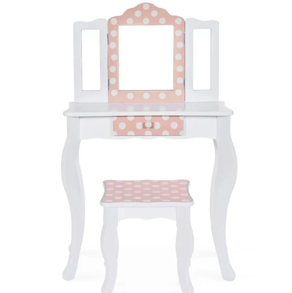 Coiffeuse enfant ROZA blanche et rose avec 3 miroirs et tabouret