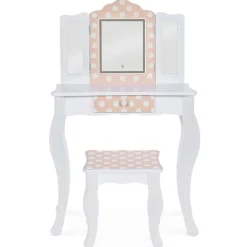 Coiffeuse enfant ROZA LED blanche et rose avec 3 miroirs et tabouret