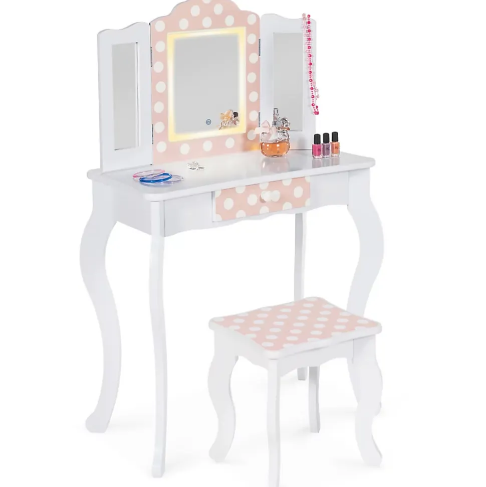 Coiffeuse enfant ROZA LED blanche et rose avec 3 miroirs et tabouret