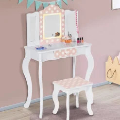 Coiffeuse enfant ROZA LED blanche et rose avec 3 miroirs et tabouret