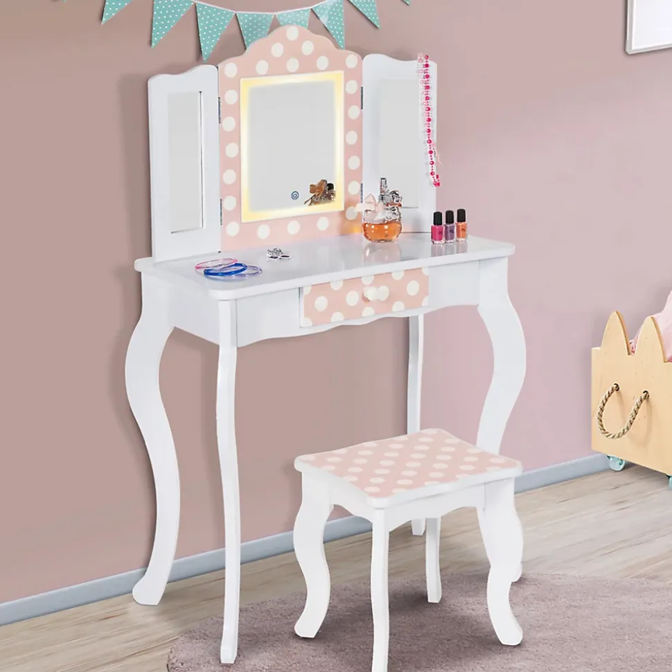 Coiffeuse enfant ROZA LED blanche et rose avec 3 miroirs et tabouret