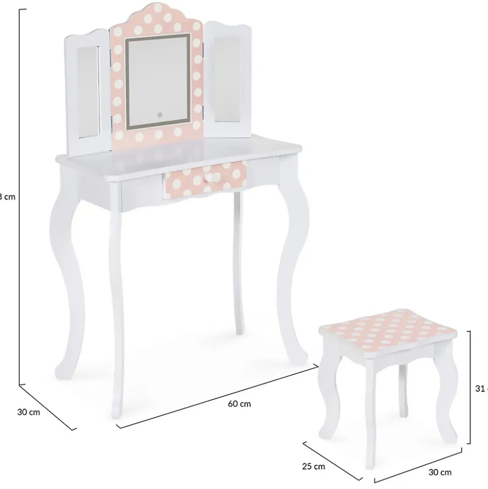Coiffeuse enfant ROZA LED blanche et rose avec 3 miroirs et tabouret