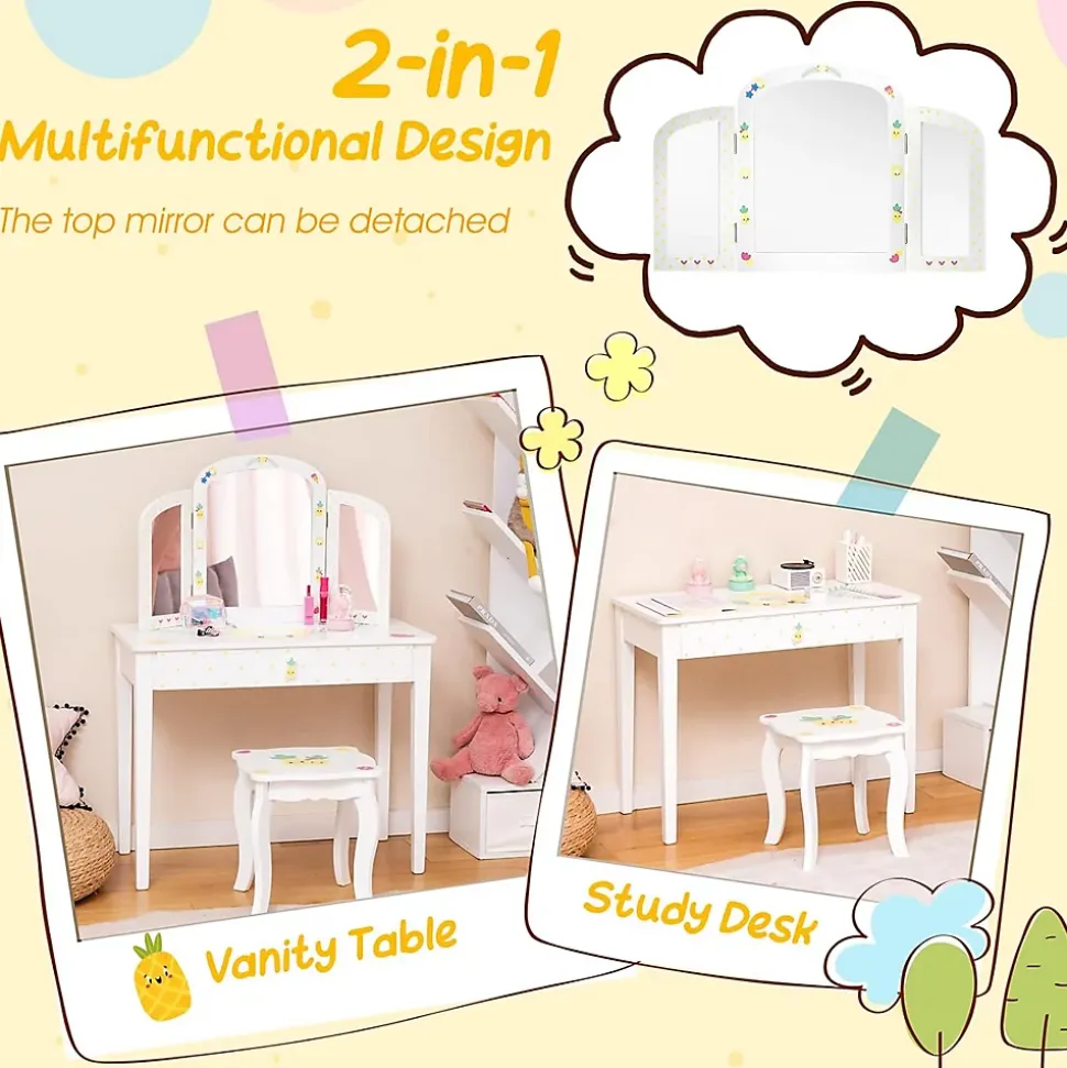 Coiffeuse Enfant Table de Maquillage avec Miroir Triptyque et Tabouret Charge 50KG pour Enfants 3 Ans Ananas