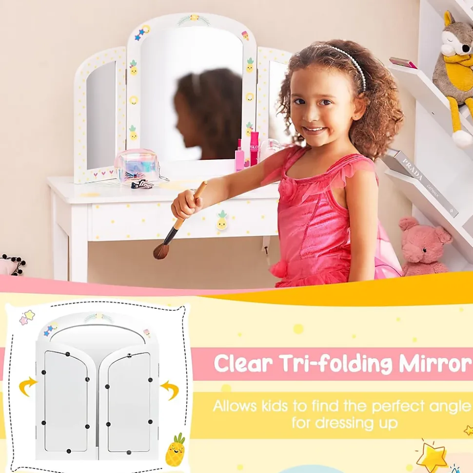 Coiffeuse Enfant Table de Maquillage avec Miroir Triptyque et Tabouret Charge 50KG pour Enfants 3 Ans Ananas